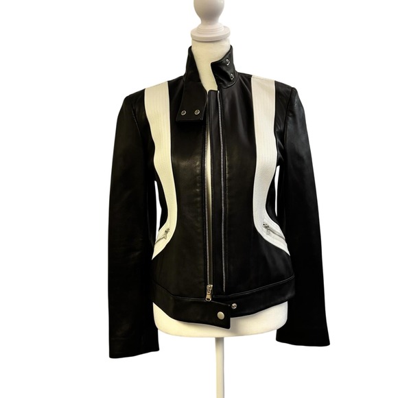 DKNY 100% Lamb Leather Jacket Black White Moto Racer‎ Italian Women's Size 2 - Picture 4 of 7